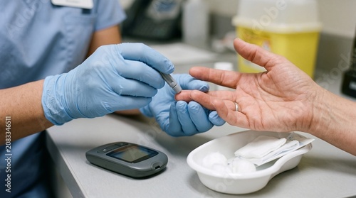 Medical professional using a small lancet to prick a patient finger for blood glucose testing