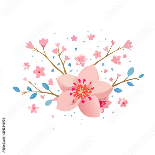Pink cherry blossom branch with flowers and leaves