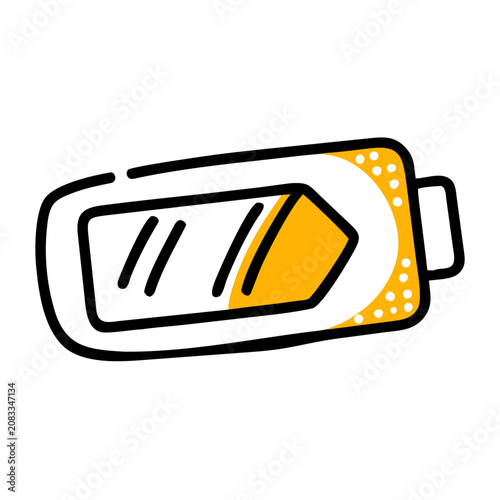 Battery charge icon in doodle style representing energy power levels with yellow hand drawn art.