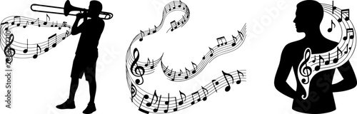 Musician silhouette playing trombone with wavy musical notes and staff abstract vector elements