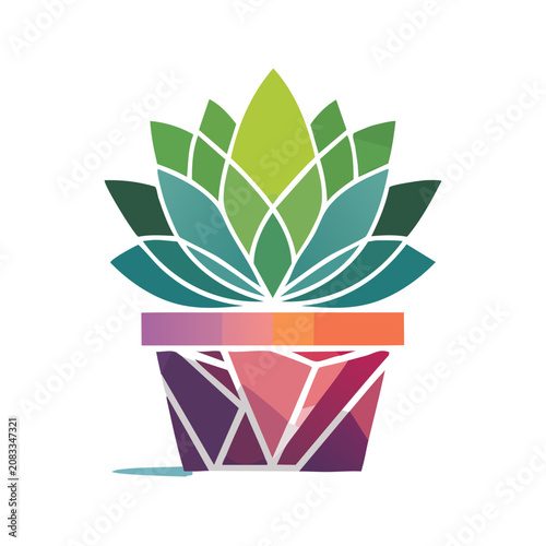 Colorful Geometric Succulent Plant in Pot Vector Illustration