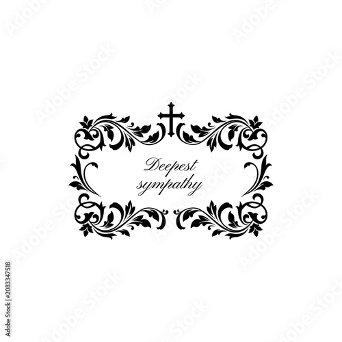фотографія Funeral obituary flowers wreath and condolence ribbon, death floral frame, vector black border