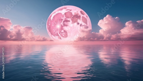 pink moon floating in the sky and clouds over the calm sea waters light white and pink colors calm waters dreamlike concept