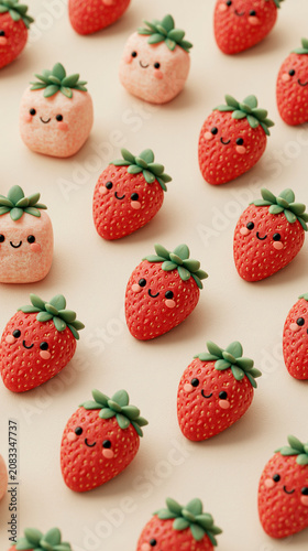 Fresh strawberries with green leaves scattered on a light surface