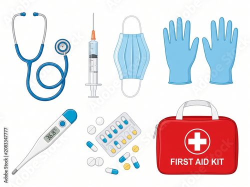 Set of medical equipment and first aid kit icons for healthcare and emergency preparedness