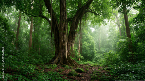 Sunlight filters through tall trees in a dense forest creating a peaceful green atmosphere