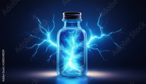 blue glowing electric energy bottle with lightning inside dark background
