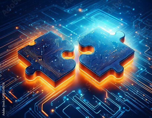 two digital puzzle pieces interlock with glowing orange edges blue circuit board patterns illuminate surfaces represent technology integration data flow connection innovative solutions in modern