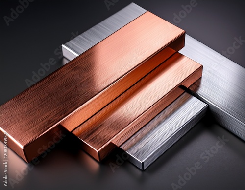 ultra realistic industrial product mockup with copper and aluminum metal bars in studio lighting