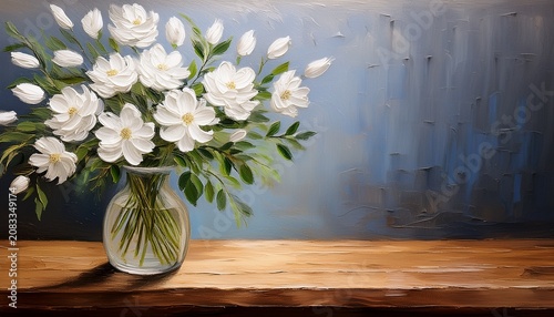 white floral bouquet in vase on wooden table with textured background oil painting style