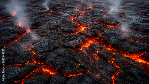 A fiery landscape of molten lava flows and cracked black rock, showcasing the raw power and beauty of volcanic activity.