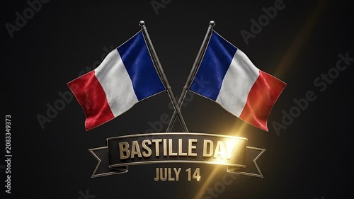 Bastille Day July 14 Celebration Video with Crossed French Flags and Golden Light Sweep