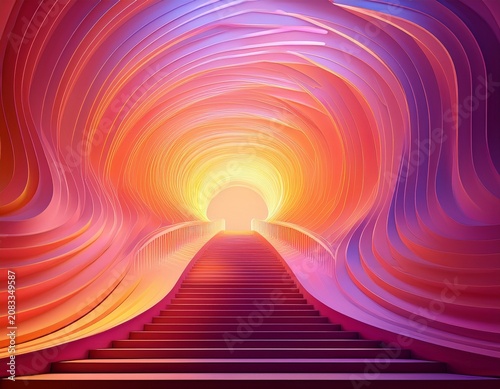glowing abstract tunnel with colorful gradient staircase in warm pink and orange light surreal architecture background for creative design and modern wallpaper