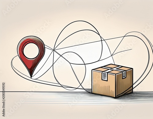 continuous line drawing of a parcel box connected to a destination pin illustrating shipping delivery tracking and logistics in a minimalist hand drawn artistic style