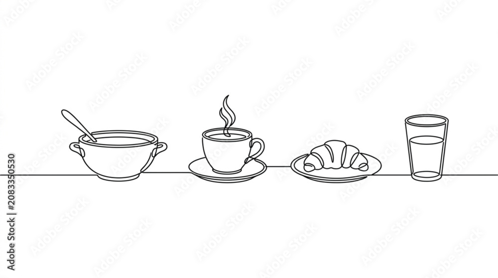 Obraz premium Minimalist dining table setting line art vector set with modern continuous line drawing of soup bowl coffee cup and breakfast food for restaurant menu
