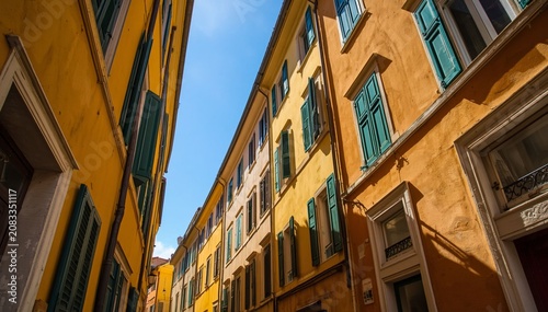 Low Angle View of Colorful Historic European Buildings with Traditional Windows Under a Bright Blue Sky