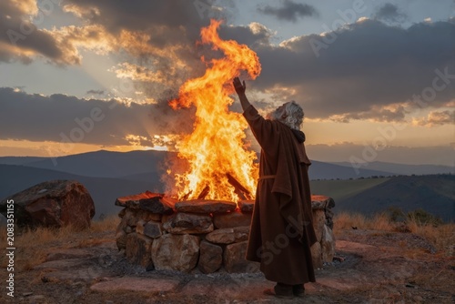 Elijah Calling Down Fire from Heaven on Mount Carmel at Sunset, Generative AI