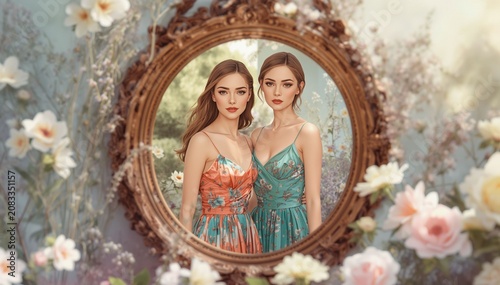 Elegant Young Women Wearing Floral and Teal Dresses Reflected in an Ornate Vintage Mirror Surrounded by Soft Flowers and Romantic Garden Scenery