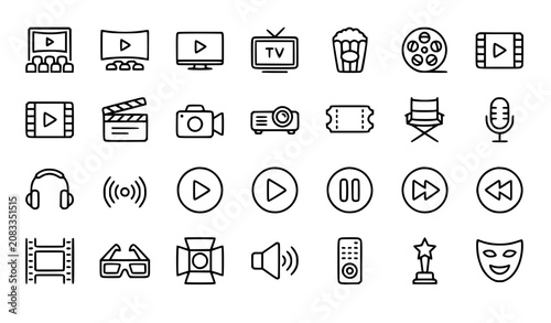 Simple Cinema Related Vector Line Icons Set with Movie Theater TV Popcorn Camera Film Reel and Entertainment Symbols