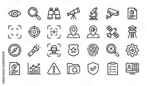 Universal Observation and Search Line Icons Vector Set with Vision Inspection Monitoring and Detection Elements