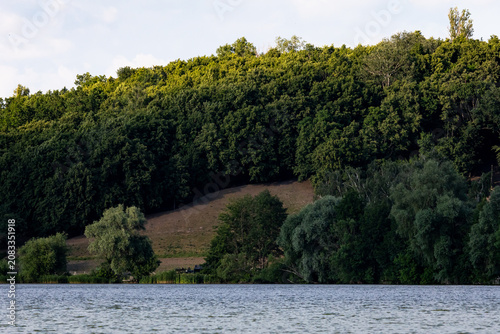 Konstfotografi Steep wooded hillside rises from a calm lake with shaded coves and meadows hinting at trails wildlife and quiet afternoons spent exploring or resting by the water in gentle light