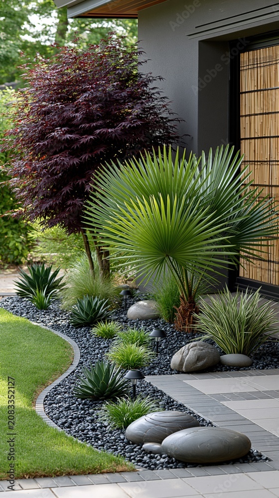 Obraz premium Modern xeriscape garden design with ornamental grasses, palm, agaves, and decorative rocks