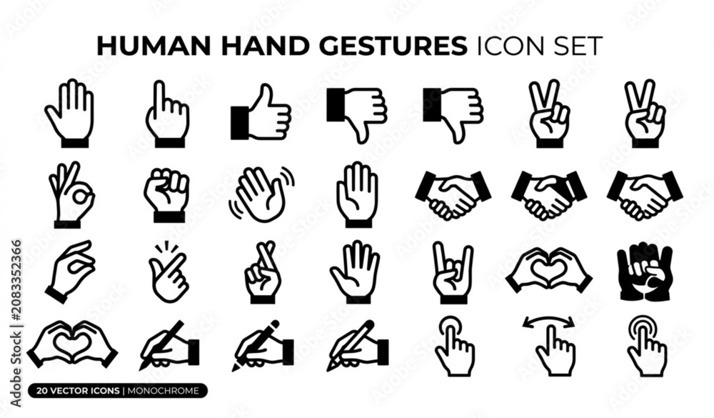 Fototapeta premium Black and white hand gesture icon set with human palm finger signs and touch symbols vector illustration isolated on white background