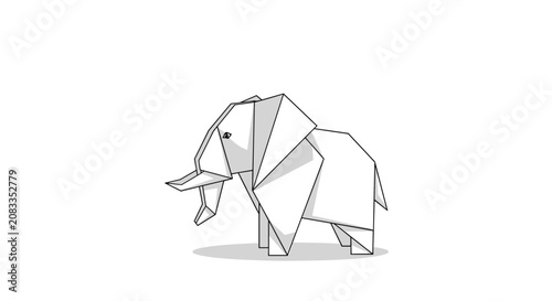 Paper origami elephant figure with geometric folds shown in a three-quarter view on a clean white background.