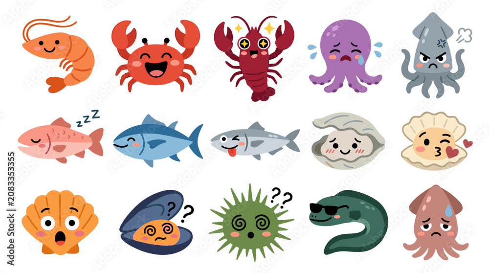 Fototapeta premium Collection of kawaii marine life with expressive faces, including shrimp, crab, lobster, octopus, squid, fish, oyster, scallop, sea urchin