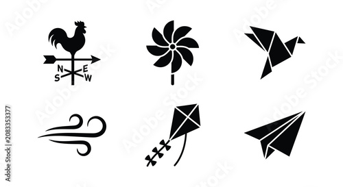фотографія Weather Vane Flower And Paper Airplane Black Vector Icons On White Background