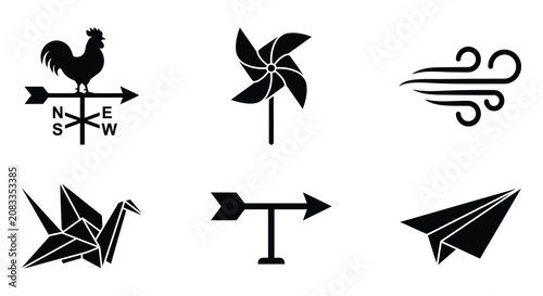 фотографія Weather Vane Flower And Paper Airplane Black Vector Icons On White Background