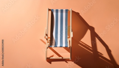 striped beach chair stands on peach background casting long summer shadow