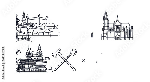 Cuadro en lienzo European castles and cathedrals linear vector illustrations on white background