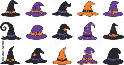 Graphic collection of various witch hats in orange and purple featuring stars ribbons patches and creative stitching for halloween costume design isolated on transparent background for easy use.