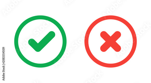 Green check mark and red cross icon.Set of simple icons in flat style:  Yes/No,  Approved/Disapproved, Accepted/Rejected, Right/Wrong, Correct/False, Green/Red, Ok/Not Ok. Vector illustration
