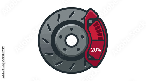 Car Brake Disc Rotor with Red Caliper Showing 20% Wear Indicator