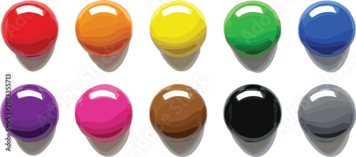 Glossy Round Office Push Pins and Magnetic Map Markers Collection in Ten Different Vivid Colors with Realistic Drop Shadows Isolated on White Background Vector