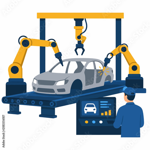 Automated car assembly line with robotic arms and technician monitoring production process.