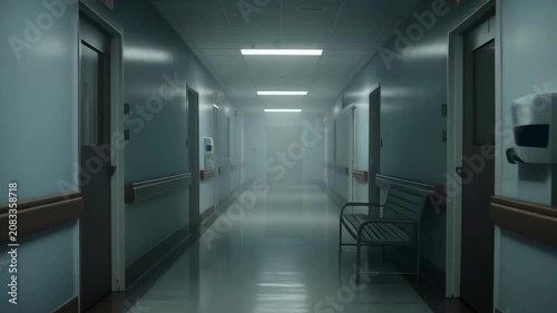 Eerie Atmosphere in Dimly Lit Hospital Corridor with Closed Doors and Flickering Lights Stretching into Distance