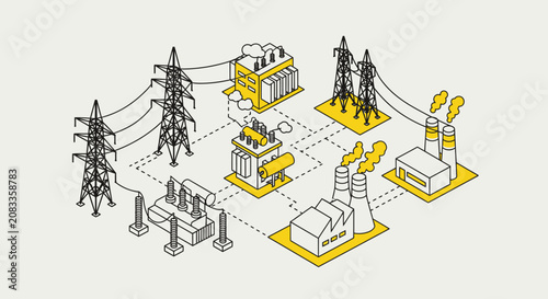 Photos Isometric illustration of an electrical power grid network with power plants and transmission towers