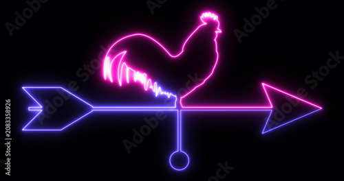 Foto Neon Rooster Weather Vane Animation Glowing Wind Direction Symbol on Black Background Loop 4k