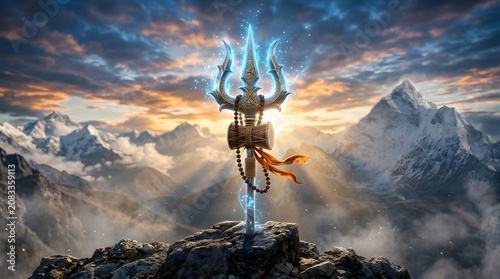 Lord Shiva trishul with damru and rudraksha mala on misty Himalaya mountains background