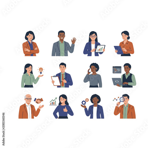 Modern minimal business characters set diverse corporate professional team office workers collection bundle for business infographic design, vector illustration