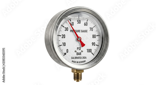 Photography Industrial pressure gauge with red needle indicating measurement on white dial