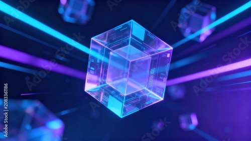 Futuristic holographic cube structure illuminated by violet and cyan light beams moving rapidly through abstract digital space.