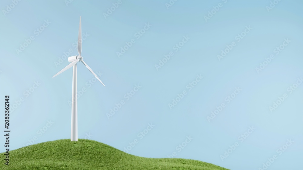 Fototapeta premium Wind turbine on a green hill with blue sky background