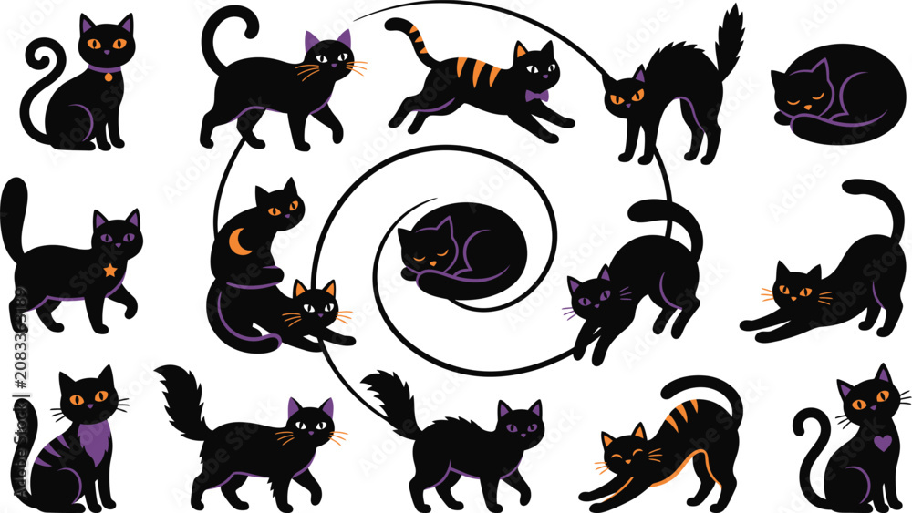Fototapeta premium Halloween color vector black cats crescent moons and spooky swirls