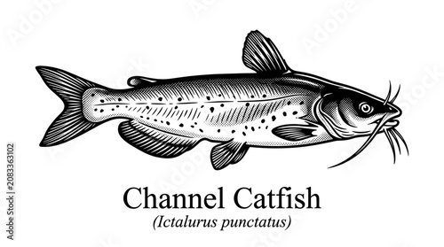 Channel catfish engraving style vector illustration