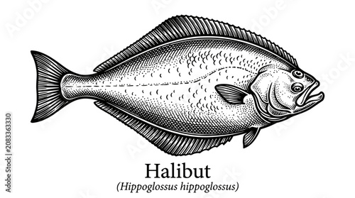 Halibut fish illustration engraving style vintage vector