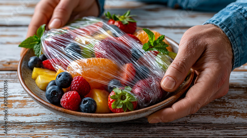 Hands holding a plate of fresh assorted fruit wrapped in plastic film with preservation, breakfast